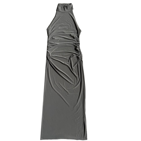 WILFRED / ARITIZIA TAUPE‎ HALTER NECKLINE FITTED “REMEDY” MIDI DRESS WITH SLIT - Picture 6 of 13